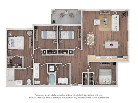 Floor plan for 4 beds, 2 baths, 1383 sqft